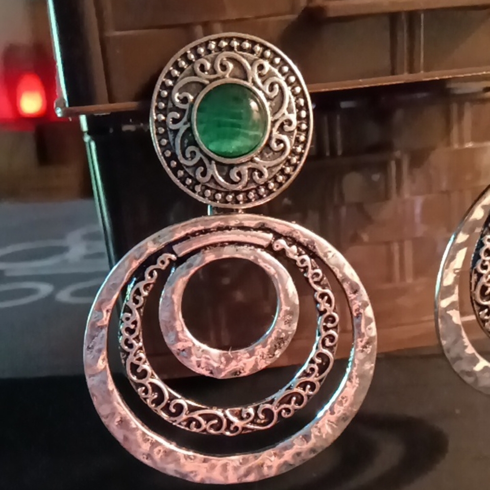 Paparazzi Silver and Green Double-Circle Earrings - Picture 2 of 5